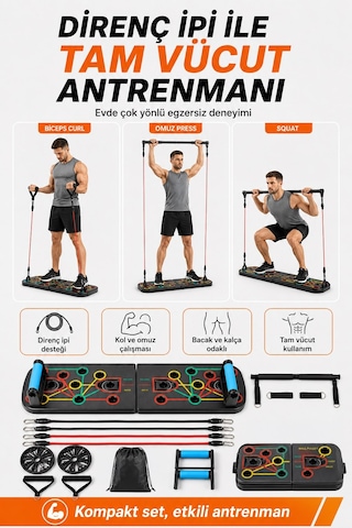 Çok Fonksiyonlu Katlanabilir Şınav Tahtası Egzersiz Seti - Direnç Bandı, Karın Tekerleği Ab Wheel, Pilates Barı, El Yayı