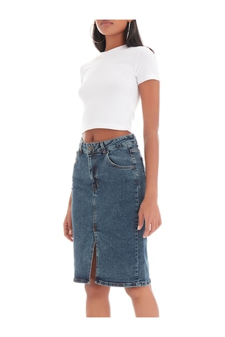 it's basic Kadın Tint Kot Rengi Erica Midi Boy Yüksek Bel Yırtmaçlı Jean Etek