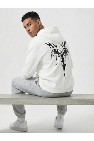 Nevermind Unisex Oversize Hoodie Grafik Sembol Baskılı Beyaz