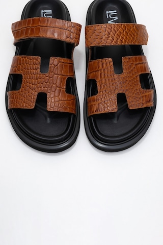 Luvishoes Luvi Shoes Loana Taba Baskı Hakiki Deri Kadın Terlik Taba