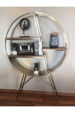 Aşil Pirinç Eskitme Metal Yuvarlak Duvar Rafı Kitaplık