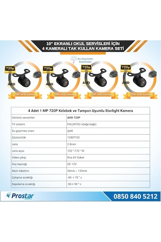 Kayıtlı 10" Dörde Bölünebilir 4 Kameralı Ahd 720p Okul Servisler Için Kamera Seti