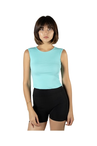 Terapi Men Turkaz Fitted/vücuda Oturan Crop Halter Yaka Fitilli Esnek Örme Bluz Atlet Turkaz