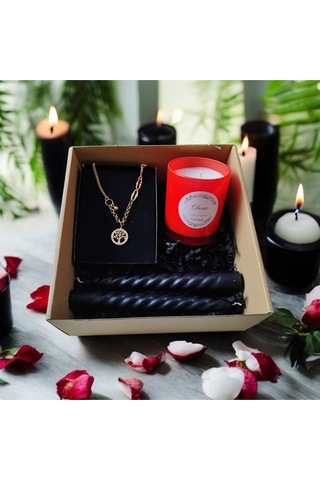 Denic Hediye Seti Kokulu Kırmızı Bardak Mum Yaşam Agacı Kolye Burgulu Mum