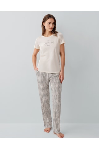 Pierre Cardin 9188 Modal Pamuk Cepli Kısa Kol Kadın Pijama Takımı Ekru