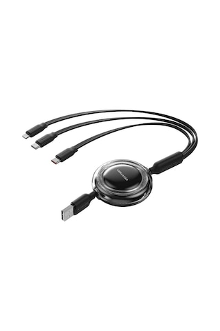 Vention 3'ü 1 Arada Makaralı 2 X Type-c + Lightning 3,5a Hızlı Şarj Kablosu 1,1m - Siyah
