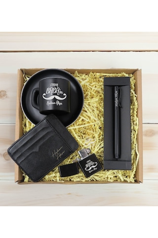 Bk Gift Kişiye Özel İsimli Baba Temalı Siyah Türk Kahvesi Fincanı&metal Kalem&çakmak&kartlık Cüzdan Hediye Seti, Sevgiliye Hediye-2, Babaya Hediye, Ba