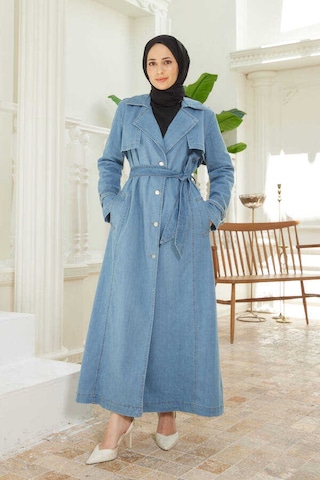 Neways 6458-Battal Allerli Denim Trençkot Mavi Mavi