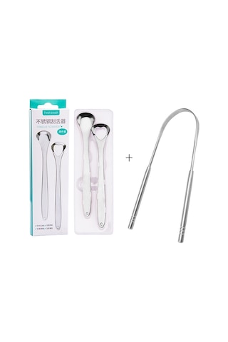 Sones Dil Temizleyici Ağız Kokusu Paslanmaz Çelik Temizleme Fırçası Dil Kazıyıcı + İki Parçalı Set Gümüş