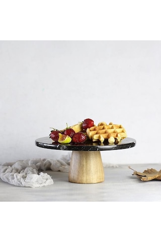Akayev Mermer 25 Cm Konik Ahşap Ayaklı Siyah Yuvarlak Sunum Tabağ