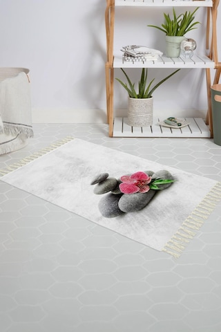 Banyo Halısı Dijital Baskılı Banyo Paspası 50x80 Polyester Kaymaz Tabanlı Duş Paspası Spa Beyaz - Siyah