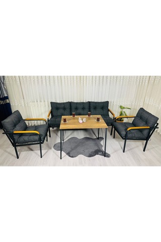 Madame Home Açelya Balkon, Bahçe, Cafe - Salon - Metal Kanepe Koltuk Takımı 3+1+1 + Masa Antrasit