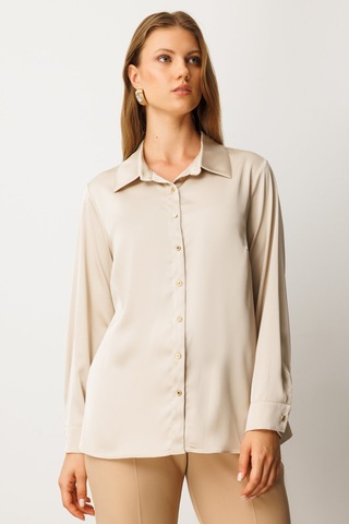 Ekol Kadın Büyük Beden Düğmeli Saten Gömlek 3505 İnci İnci