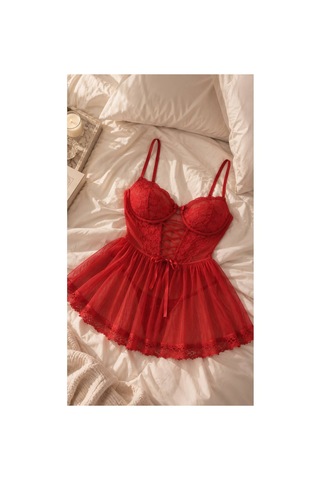 Loveria Kırmızı Dantel Detaylı Tül Etekli Desteksiz Babydoll Kırmızı Kırmızı