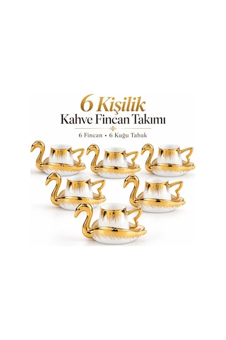 Valkyrie Kuğu Serisi 6 Kişilik 12 Parça Gold Kuğu Tasarımlı Türk Kahvesi Fincan Takımı Hediyelik Set Beyaz Altın