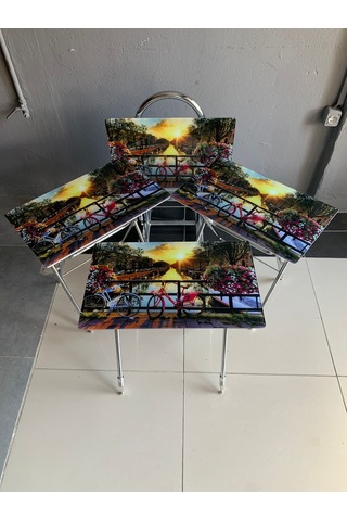 Camlı Bisiklet Desenli Çanta Zigon Sehpa 4'lü