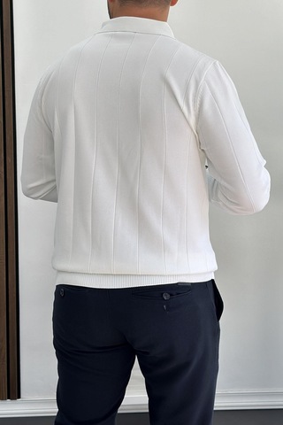 Erkek Yarım Fermuarlı Polo Yaka Mevsimlik Kazak Beyaz Edw195 Beyaz