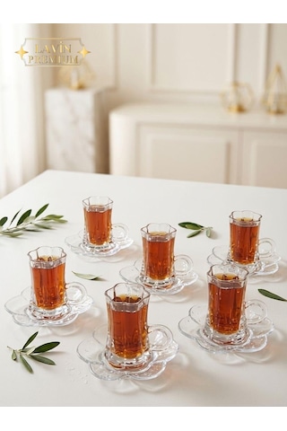 6 Kişilik Cam Lotus Çiçek Model Çay Fincan Takımı Seti 120ml Şeffaf
