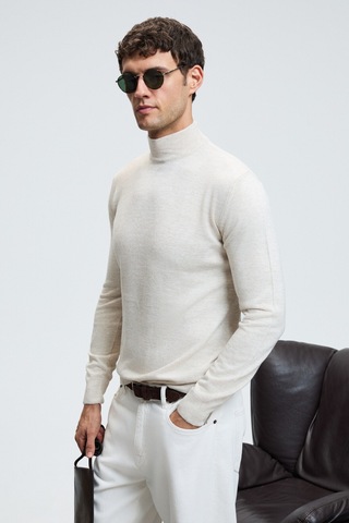 Grimelange REBEL Erkek Yarım Balıkçı Yaka Basic Slim Fit Triko Bej Kazak