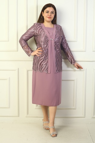 Kadın Pul Ve Sim İşlemeli Tül Ceket Uzun Kollu Astarlı Krep Elbise Büyük Beden 2'li Takım Gülkurusu