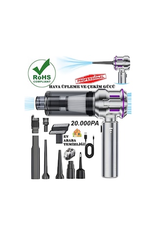 H-8083 20.000pa Kablosuz Oto Araç Süpürgesi Şarjlı 3 Kademeli Profesyonel Ultra Çekim Güçlü Mini Gümüş Gri