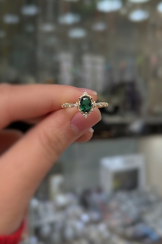 925 Ayar Gümüş Rose Gold Oval Kesim Yeşil Taşlı Vintage Tasarım Kadın Yüzük Sarı