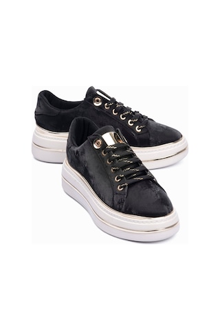 Mubiano Kadın Sneaker Kadife Desenli Gold Detaylı Kalın Tabanlı Spor Ayakkabı Lilium Siyah Siyah