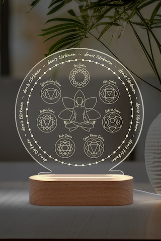 Yoga Çakra Sembollü Kişiye Özel Ledli Gece Lambası Masif Ahşap Tabanlı Usb Kablolu Pleksi Led Gece Lambası