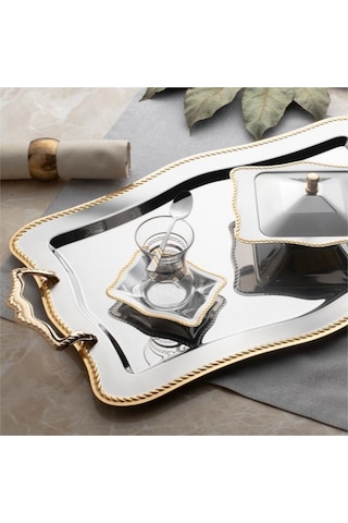 Nehir Zincir Altın Paslanmaz Çelik Tepsi Çay Tepsisi - Servis Tep