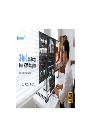 Lemorele Hd42 3'ü 1 Arada Type-c To Çift Hdmı 4k 60hz Görüntü Aktarıcı Ve 100w Pd Hızlı Şarj Hub - Dual Monitör Çoklayıcı Dönüştürücü Adaptör Windows Ve Mac