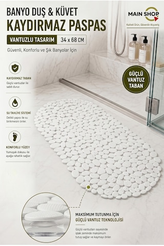 Mainshop Vantuzlu Banyo Duş Ve Küvet Kaydırmaz Paspas - 34 X 68 Cm - Beyaz M-130