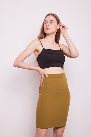 Yüksek Bel Diz Üstü Likralı Pamuklu Şık Kumaş Kalem Etek-Koyu Har