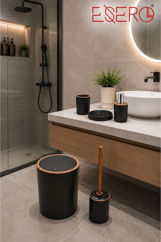 351 Siyah Lüks 5'li Banyo Seti Siyah Ahşap Desenli Çöp Kovası Wc Fırçası Sabunluk Diş Fırçalık Sıvı Sabunluk Modern Banyo Aksesuar Takımı