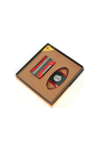 Cohiba Tek Torch Kırmızı Gunmetal Çakmak Kırmızı Siyah Kesici İkili Puro Seti Tr9836