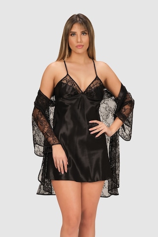 Nbb Kadın Siyah Dantelli Saten Gecelik Sabahlık Takımı Siyah