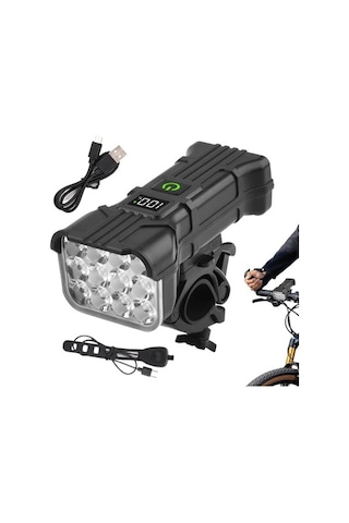 Uiowoo Bisiklet Şarjlı 12 Led Fener Kornalı Lcd Ikaz Lambası Işıldak Zil Su Geçirmez Gidon Siyah