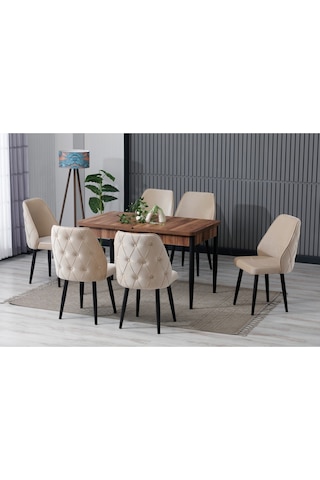 Elas Ahşap Desen 80x132 Açılabilir Mdf Masa Yemek Odası Takımı Mutfak Takımı 6 Sandalyeli Bej