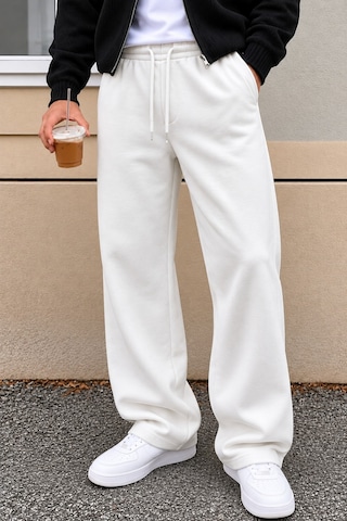 Tarz Cool Erkek Oversize Baggy Fit Eşofman Altı %100 Pamuk 3 İplik Şardonlu Bol Paça Rahat Kesim Beyaz