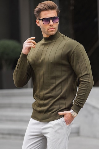 Madmext Haki Slim Fit Yarım Balıkçı Yaka Çizgili Tüylenmeyen Erkek Triko Kazak 6344