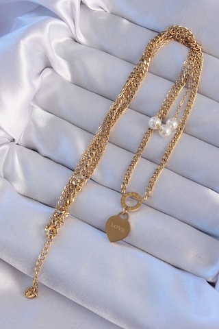 316l Çelik Gold Renk Çift Zincir İnci Detayı Love Kalp Kolye Renkli