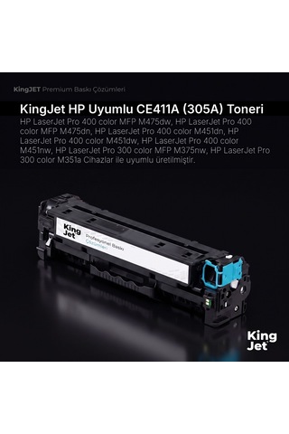 Kingjet Hp Uyumlu Ce411a 305a Mavi Standart Kapasiteli Tekli Çipli Uyumlu Toner Laserjet Pro 400 Color M451dw