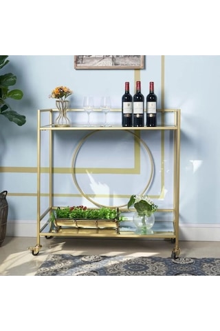 Daire Metal Gold Camlı Servis Ve Sunum Arabası Gold