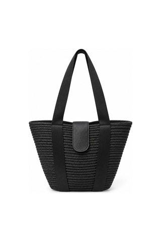 Levano Leather Kadın Hasır Tote Omuz Çantası Deri Detaylı Geniş İç Hacimli Günlük Yazlık Çanta 38x28 Cm Siyah