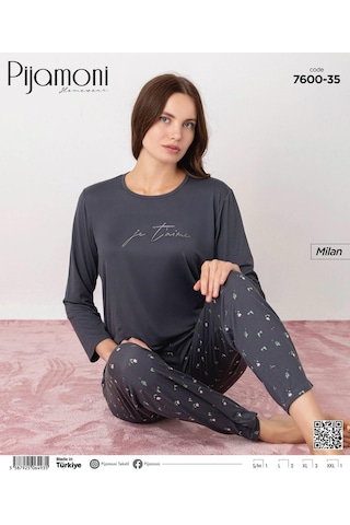 Pijamoni Kadın Milan Bisiklet Yaka Uzun Kol İnce Pijama Takımı 7600/35 - 1 Adet Füme