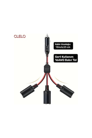 Boatshop1 Clelo 1den 3e Siyah Araba Sigara Cakmagi Bolucu Adaptor Guc Sarj Portu 12v 24v Fis Soketi 3 Yollu Bolucu 25.4 Cm Uzatma Kablosu 16awg 15a Sigorta