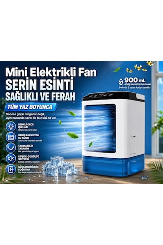 Mini Klima Soğutucu Ultrasonik Soğutmalı Vantilatör Serinetici Sesiz Ve Taşınabilir 900ml Su Hazneli Hava Nemlendirici Mini Fan Buz Konulabilir Usb 7 Farklı Led Işıklı Aşağa Yukarı Oynar Izgara Ofis 100 x 100 x 3 mm