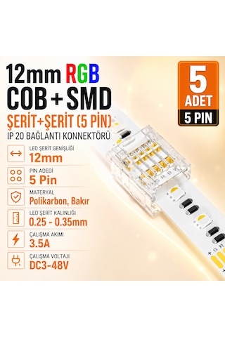 12mm Rgb Cob+smd Şerit Led Bağlantı Konnektörü 5 Pin Ip20 - 5 Adet