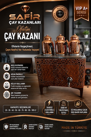 Safir 3 Gözlü Ofistipi Bakır Çay Kazanı Sadece Elektrikli Bakır Çay Kazanı Ocağı Güneş Model Ofistipi Çay Kazanı Makinesi
