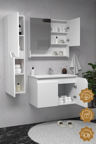 Teta Home Napoli 80 Cm Mdf Banyo Dolabı Seti + Boy Dolabı Beyaz Beyaz