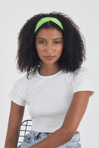 Beyaz Kısa Kol Bisiklet Yaka Vücuda Oturan Kaşkorse Crop + Bandana Set %100 Pamumklu, Esnek Rahat Beyaz-fıstık Yeşili